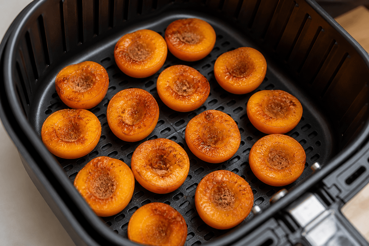 Caramelized apricot halves in the air fryer basket