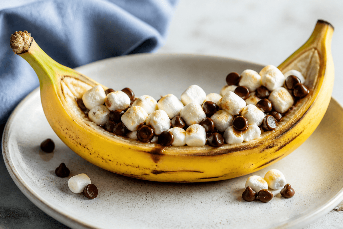 Banana split in peel and stuffed with chocolate and marshmallows