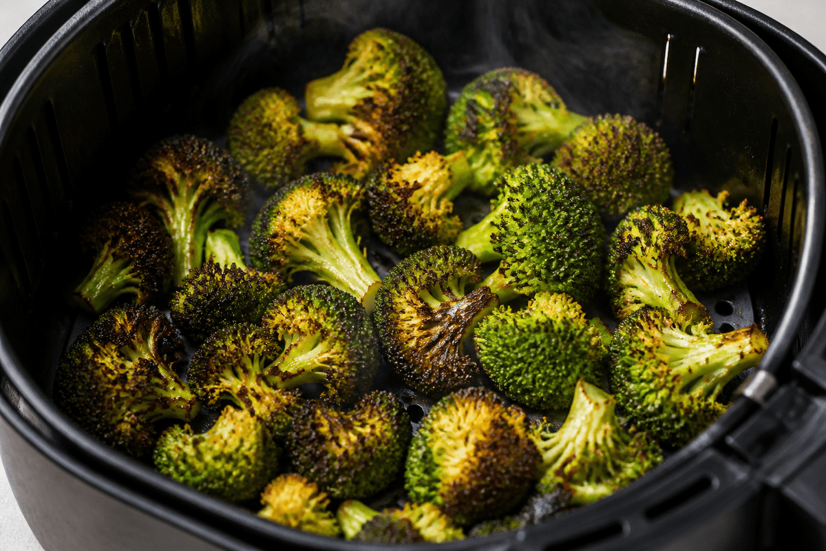 Charred broccoli in the air fryer basket