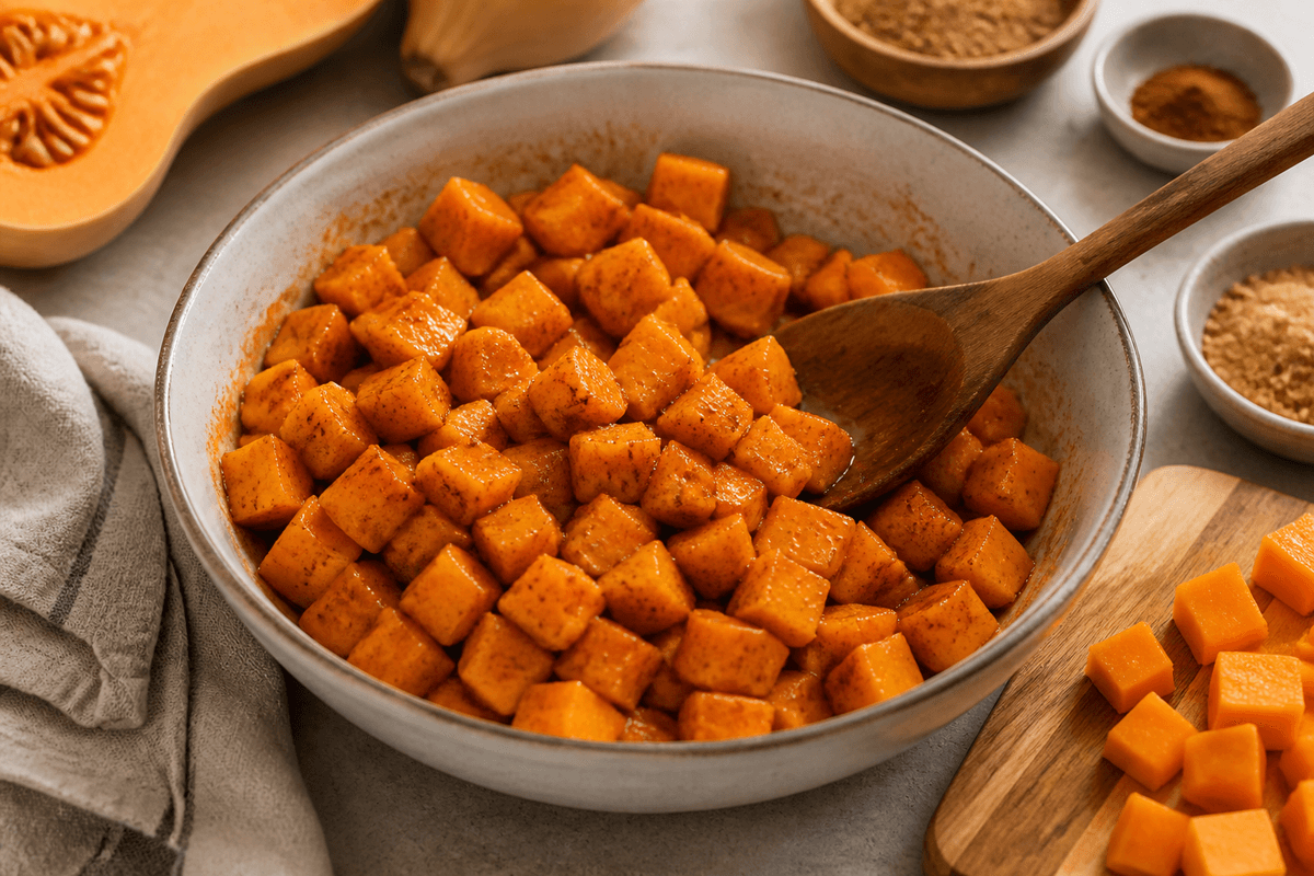 Butternut squash cubes tossed with brown sugar and spices