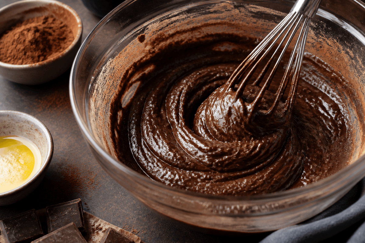 Fudgy chocolate brownie batter in a mixing bowl