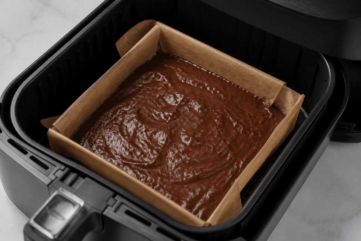 Brownie batter in a parchment-lined pan for the air fryer