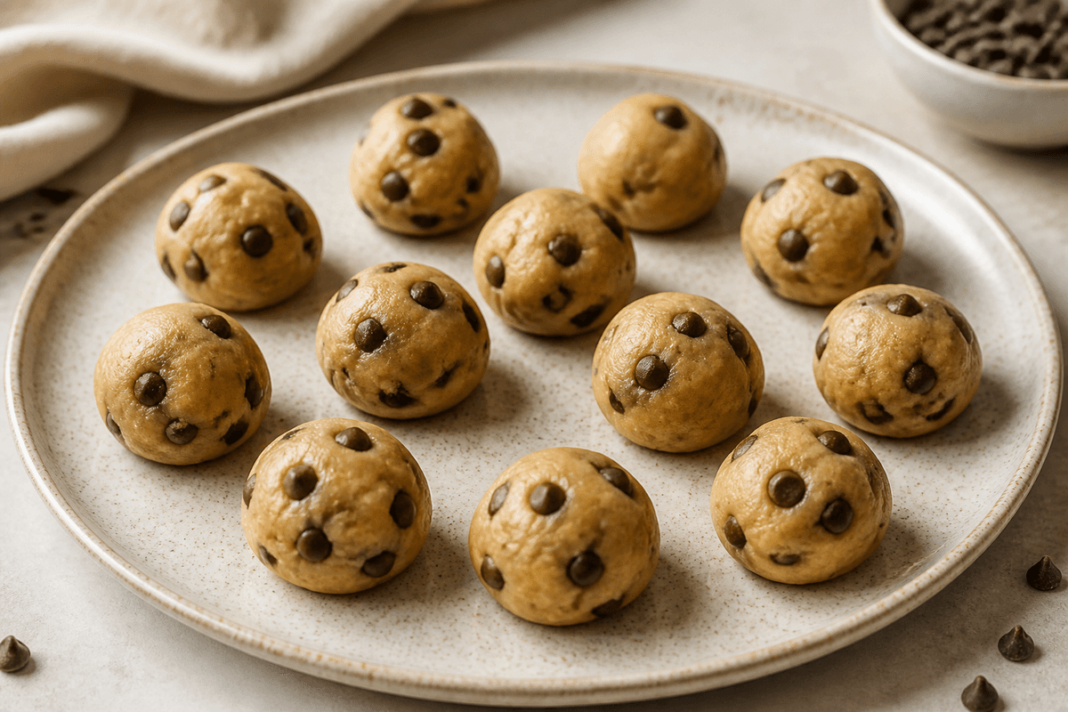 Chocolate chip cookie dough balls on a plate