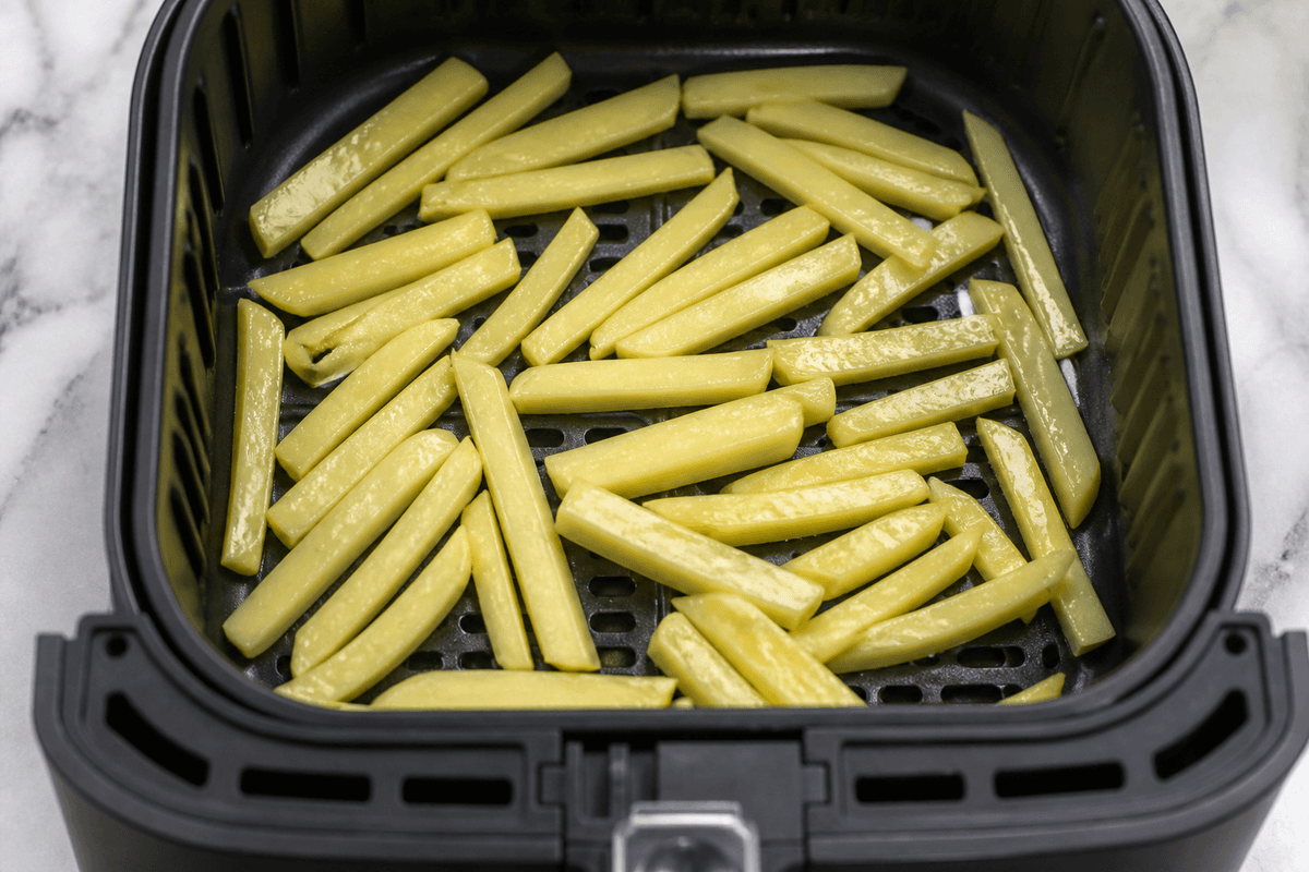 Raw fries in a single layer in the air fryer basket