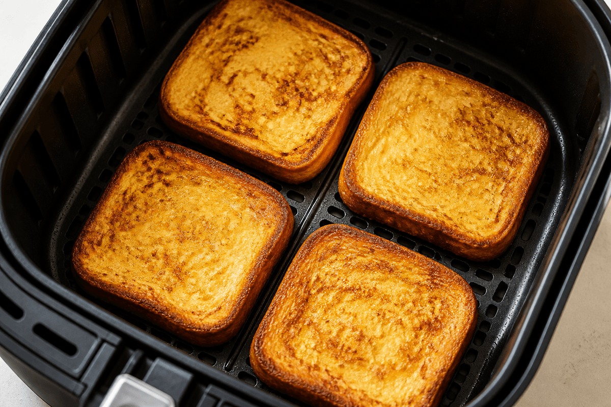 French toast slices cooking in the air fryer basket