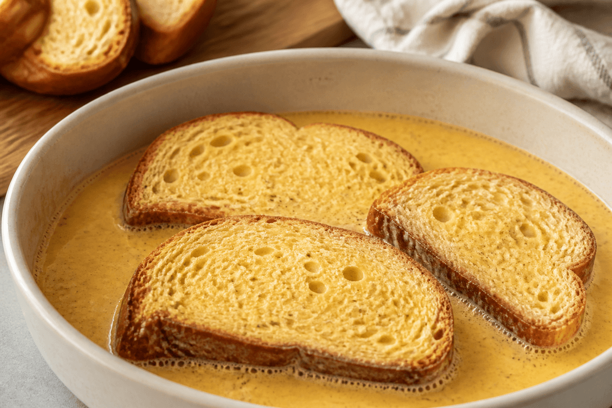 Bread slices dipped in egg custard for French toast