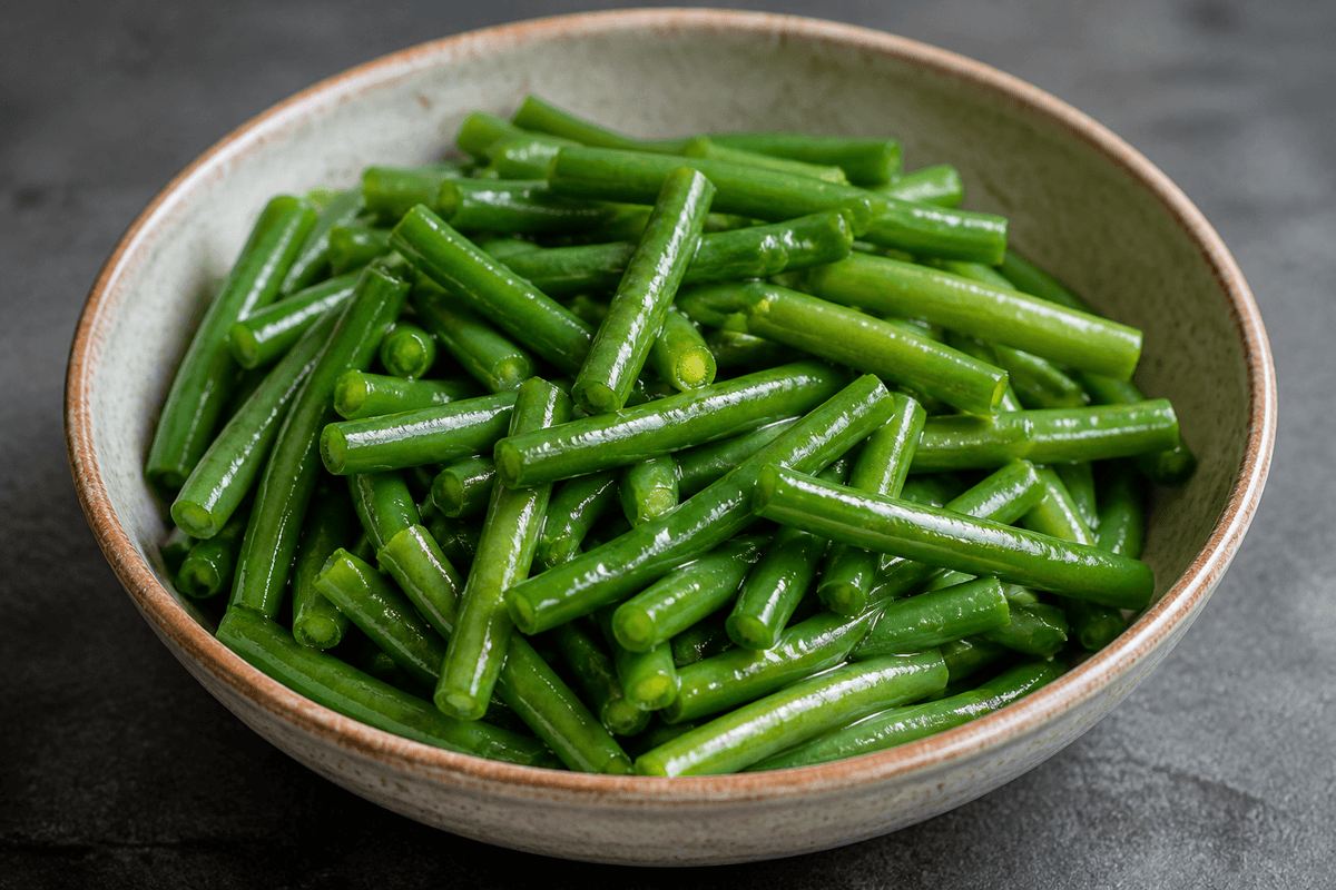 Trimmed green beans tossed with olive oil and seasoning