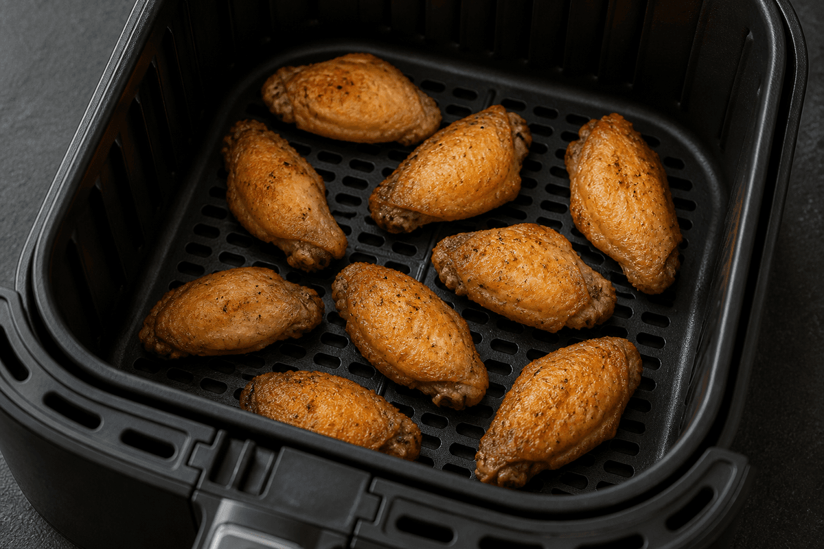 Wings crisping in the air fryer before glazing
