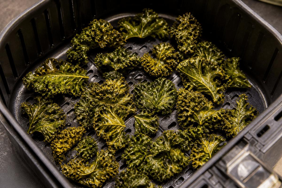 Crispy kale crisps in the air fryer basket