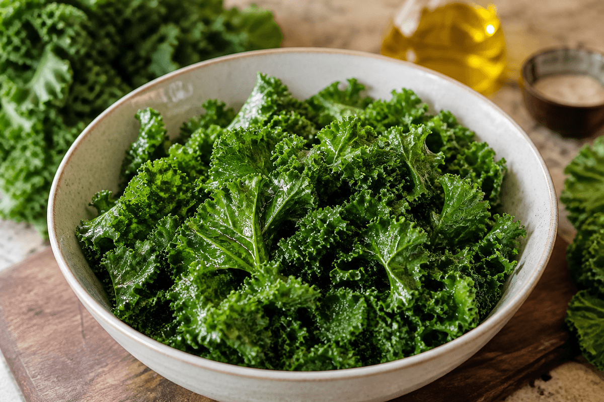 Curly kale leaves tossed with oil in a bowl