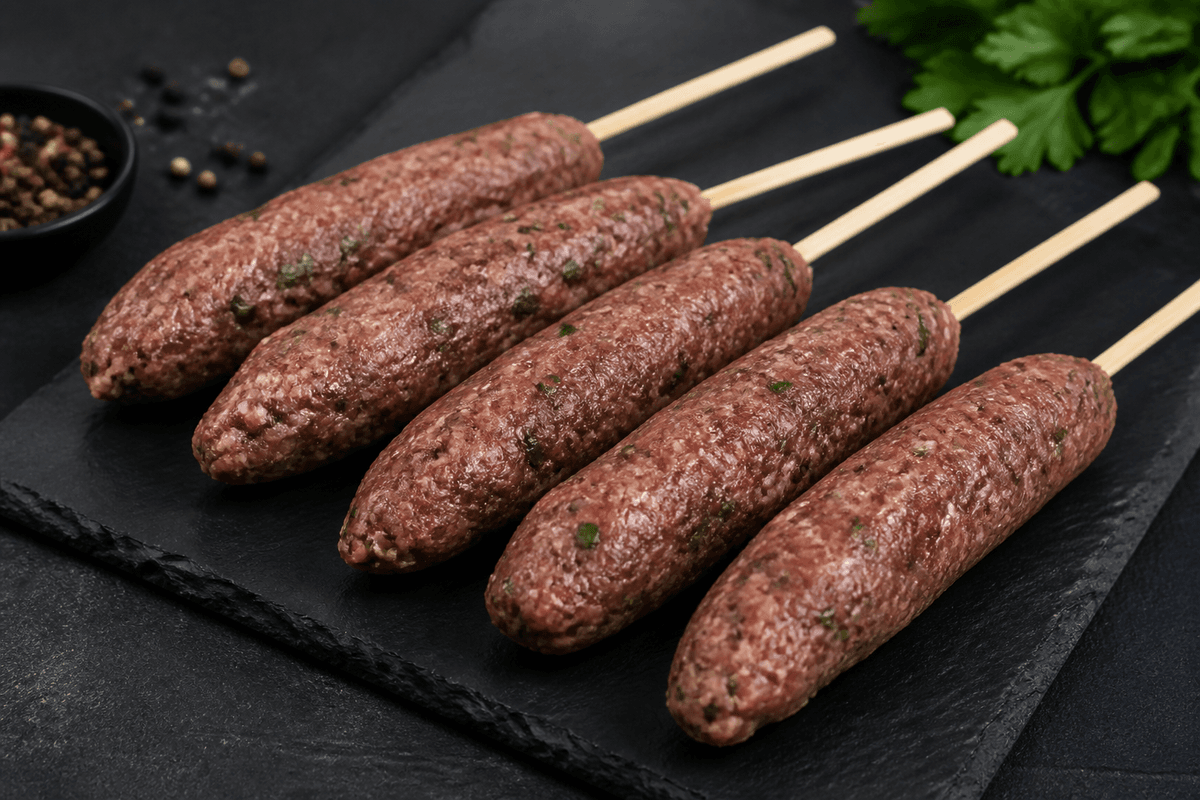 Raw lamb koftas moulded on wooden skewers