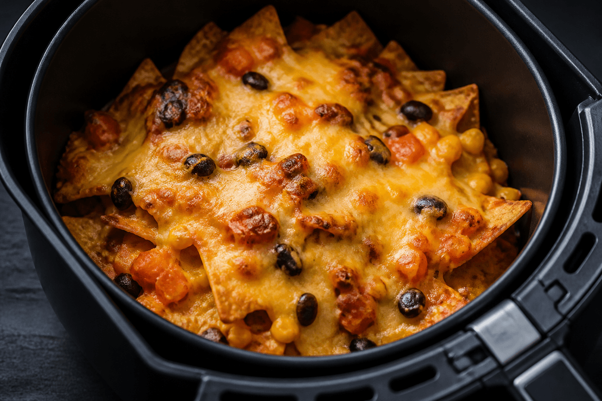 Melted cheese nachos in the air fryer basket