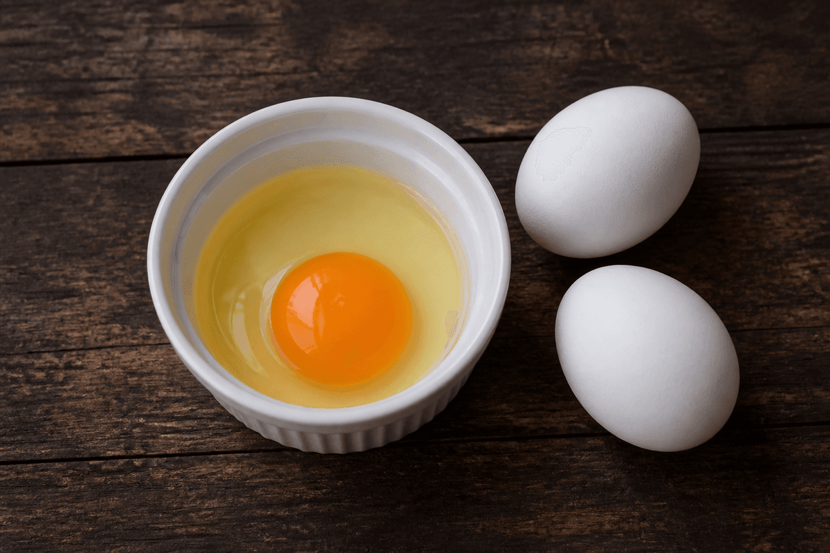 Raw egg cracked into a small ramekin of boiling water