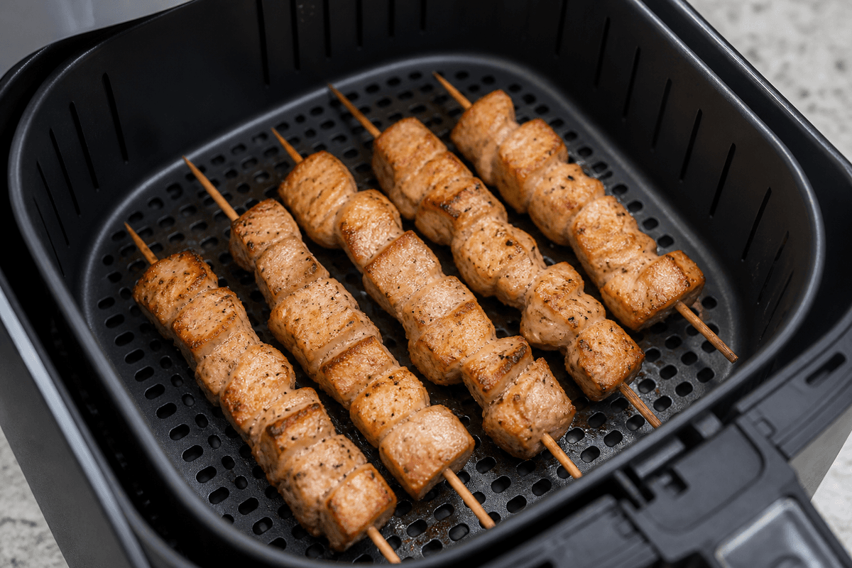 Pork souvlaki skewers in the air fryer basket