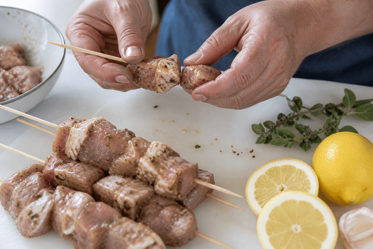 Marinated pork cubes threaded on skewers