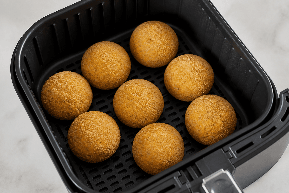 Breaded arancini in the air fryer basket