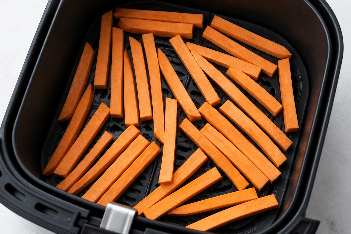Sweet potato fries in a single layer in the air fryer