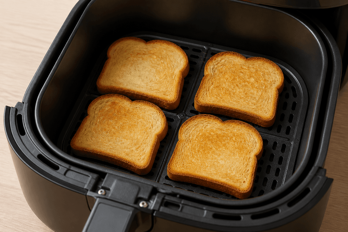 Bread slices toasting in the air fryer basket