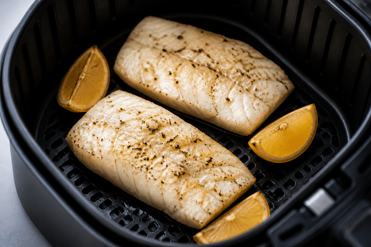 White fish fillets and lemon wedges in the air fryer basket