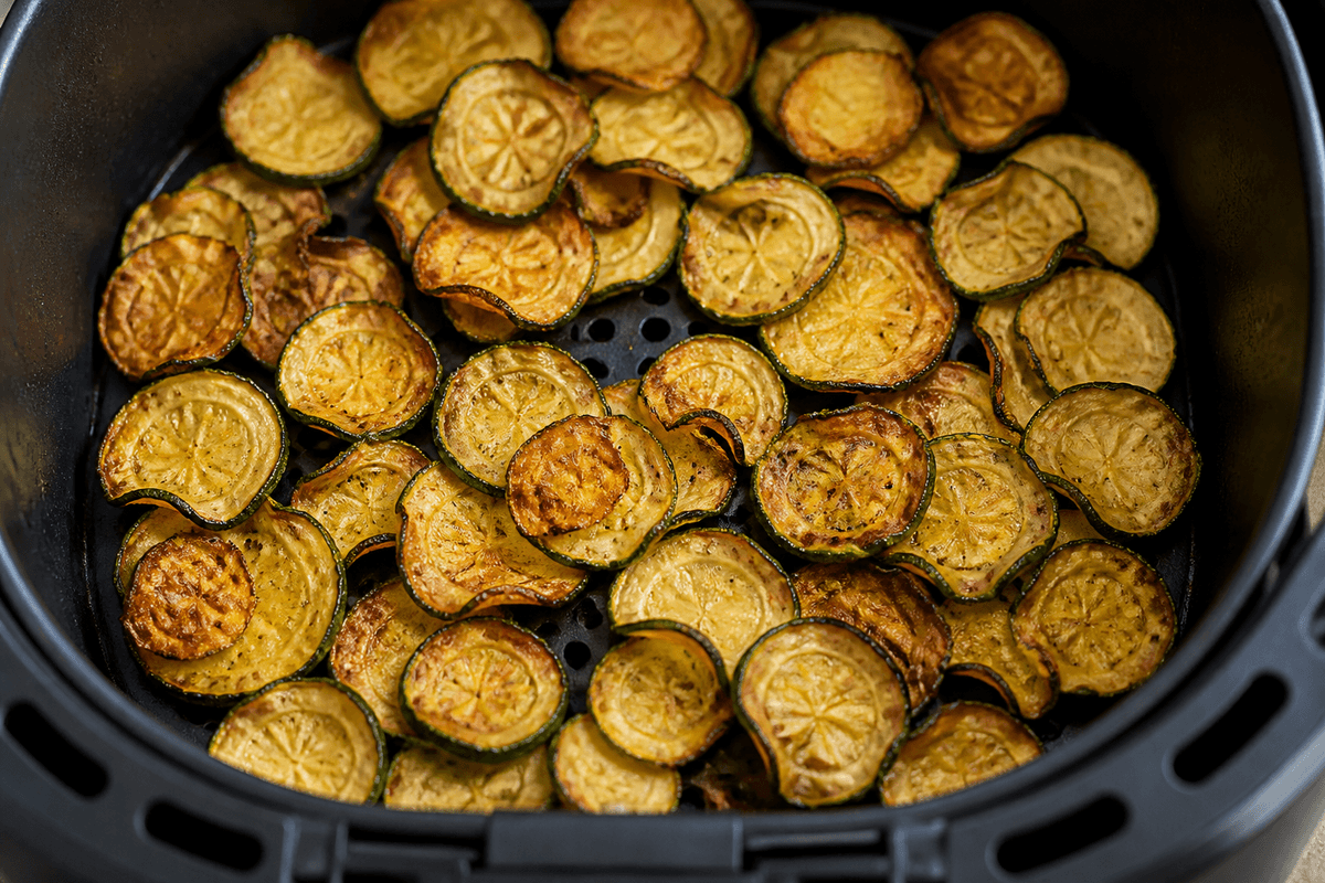 Crispy zucchini chips in the air fryer basket