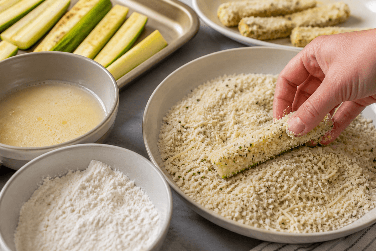 Zucchini sticks being breaded in parmesan panko