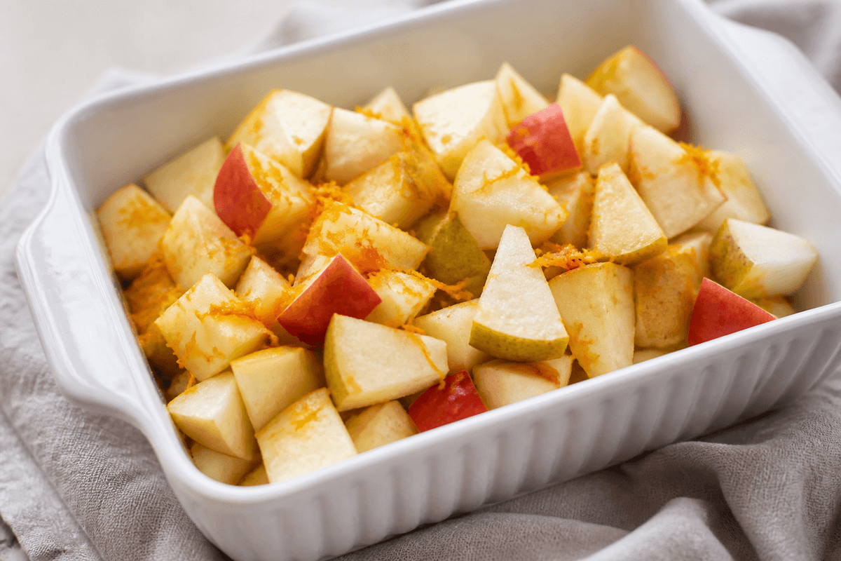 Apple and pear filling in a heatproof dish for the air fryer