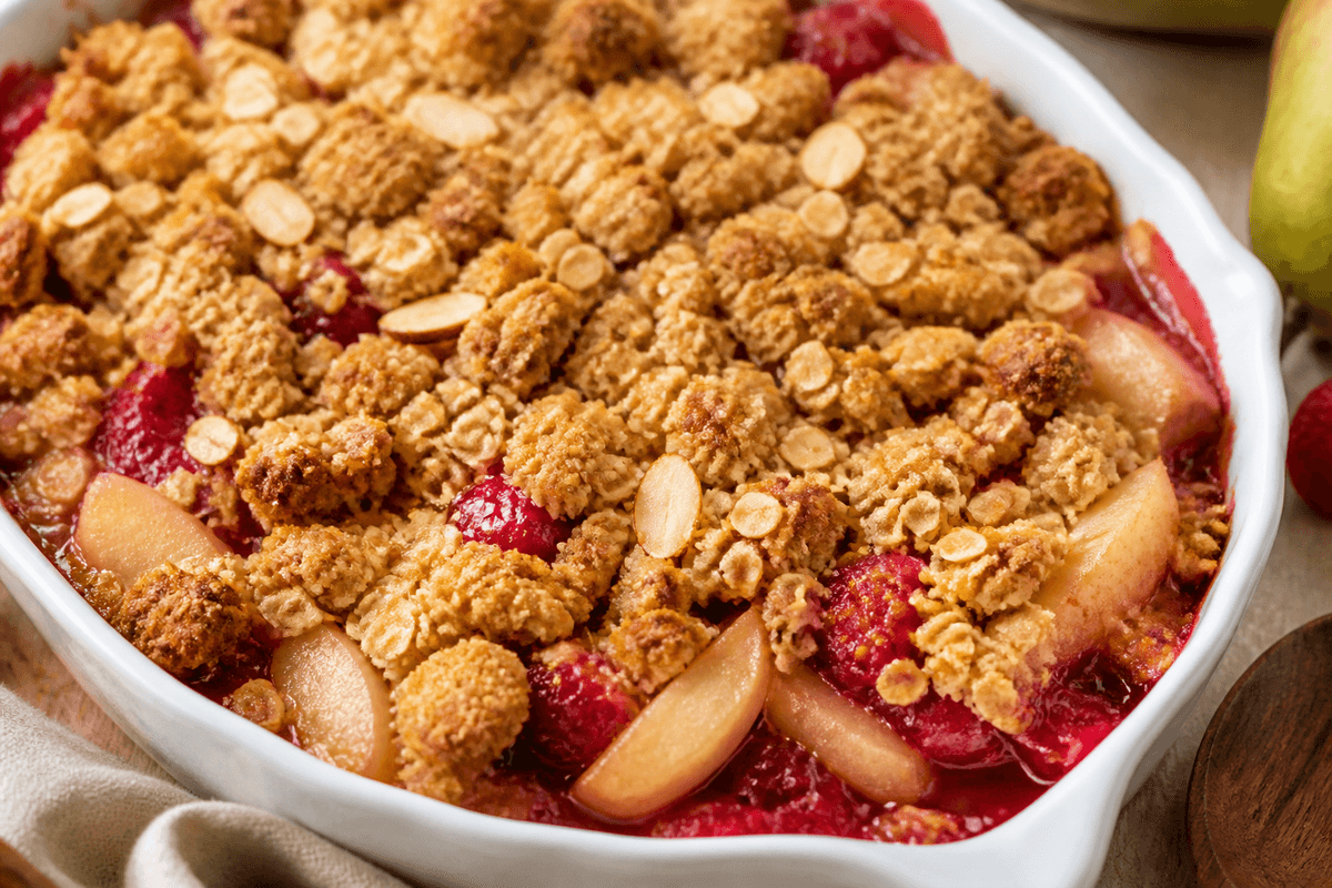 Golden crumble topping over apple pear and raspberry filling