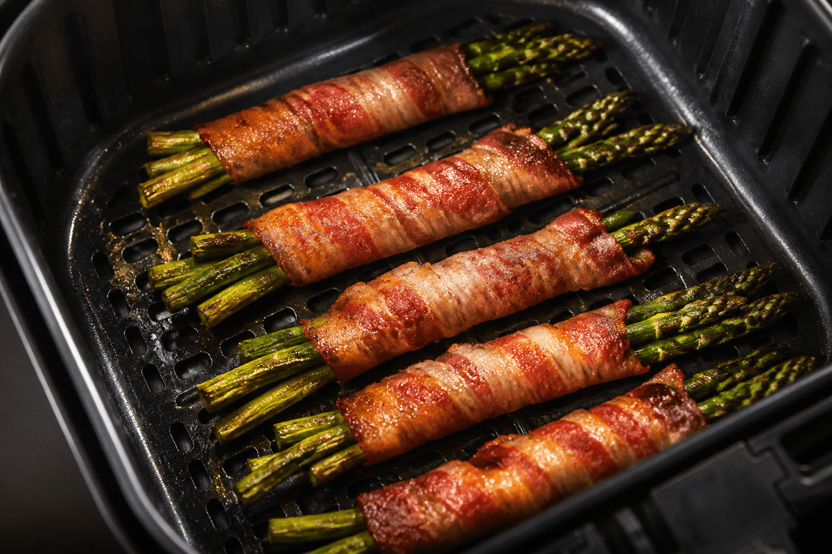 Bacon wrapped asparagus cooking in the air fryer basket
