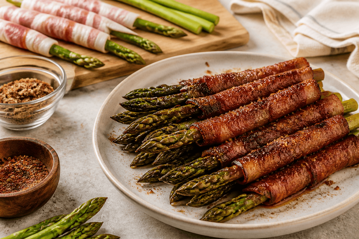 Asparagus spears coated with brown sugar spice mix before wrapping in bacon