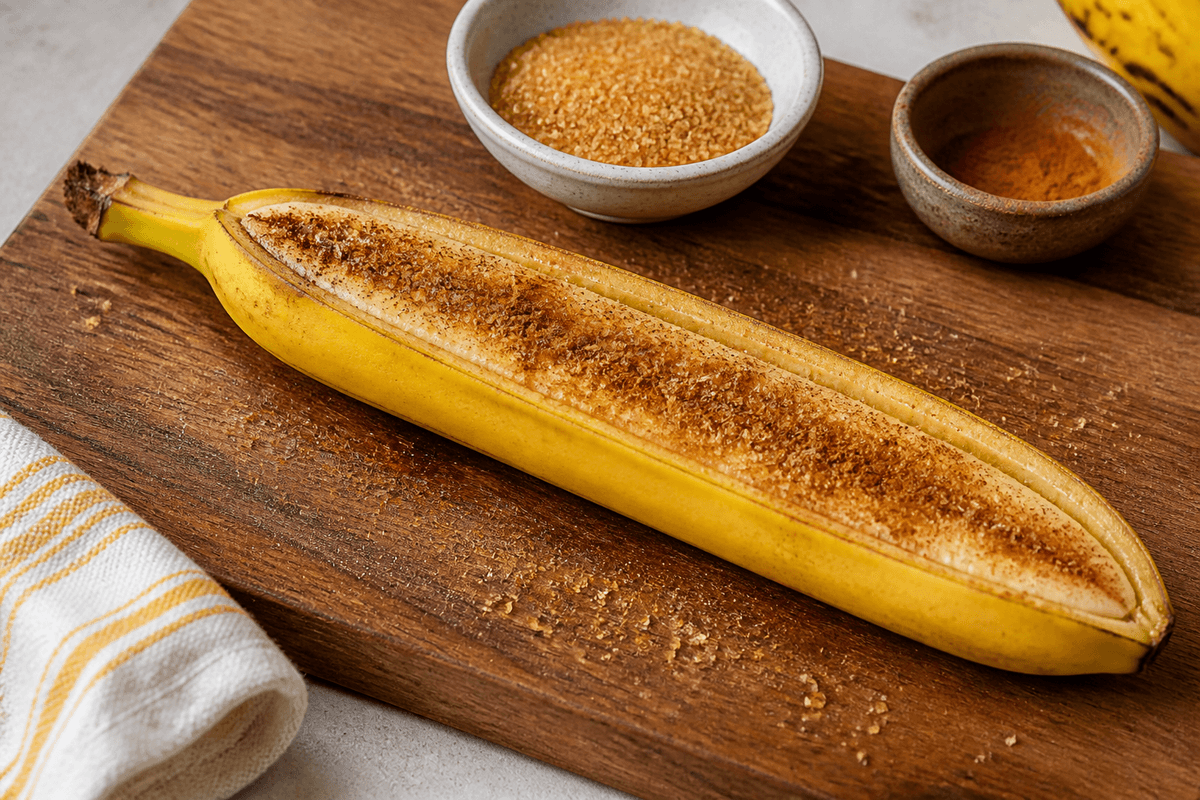 Banana halved in peel with cinnamon sugar on top