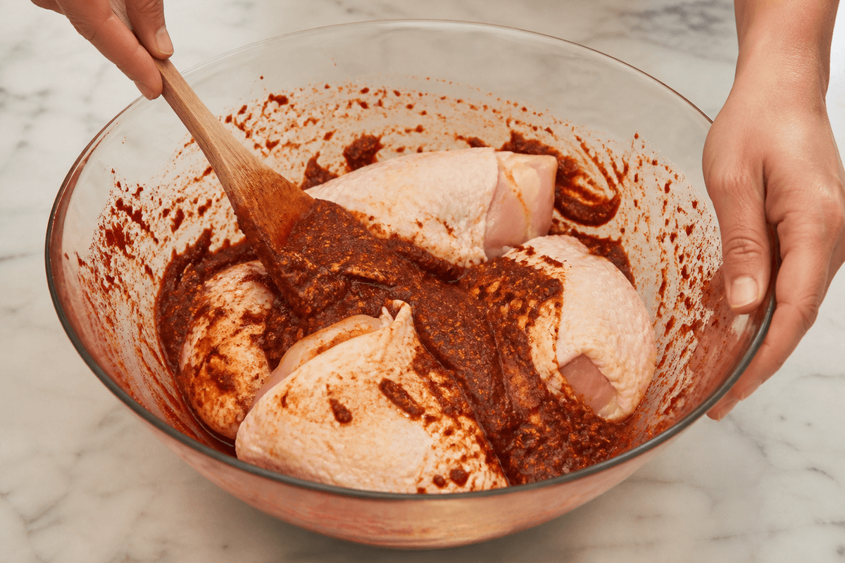 Chicken thighs coated in berbere spice paste