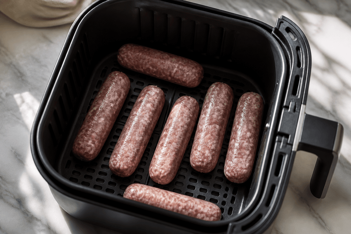 Breakfast sausage links arranged in the air fryer basket