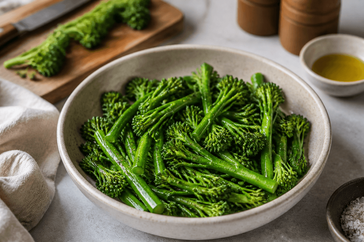 Broccolini spears tossed with olive oil and seasoning