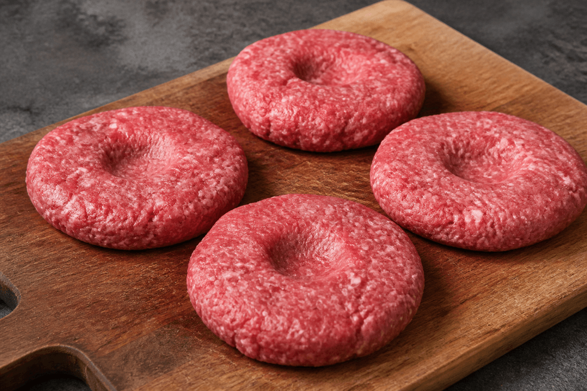 Seasoned burger patties with a center dent