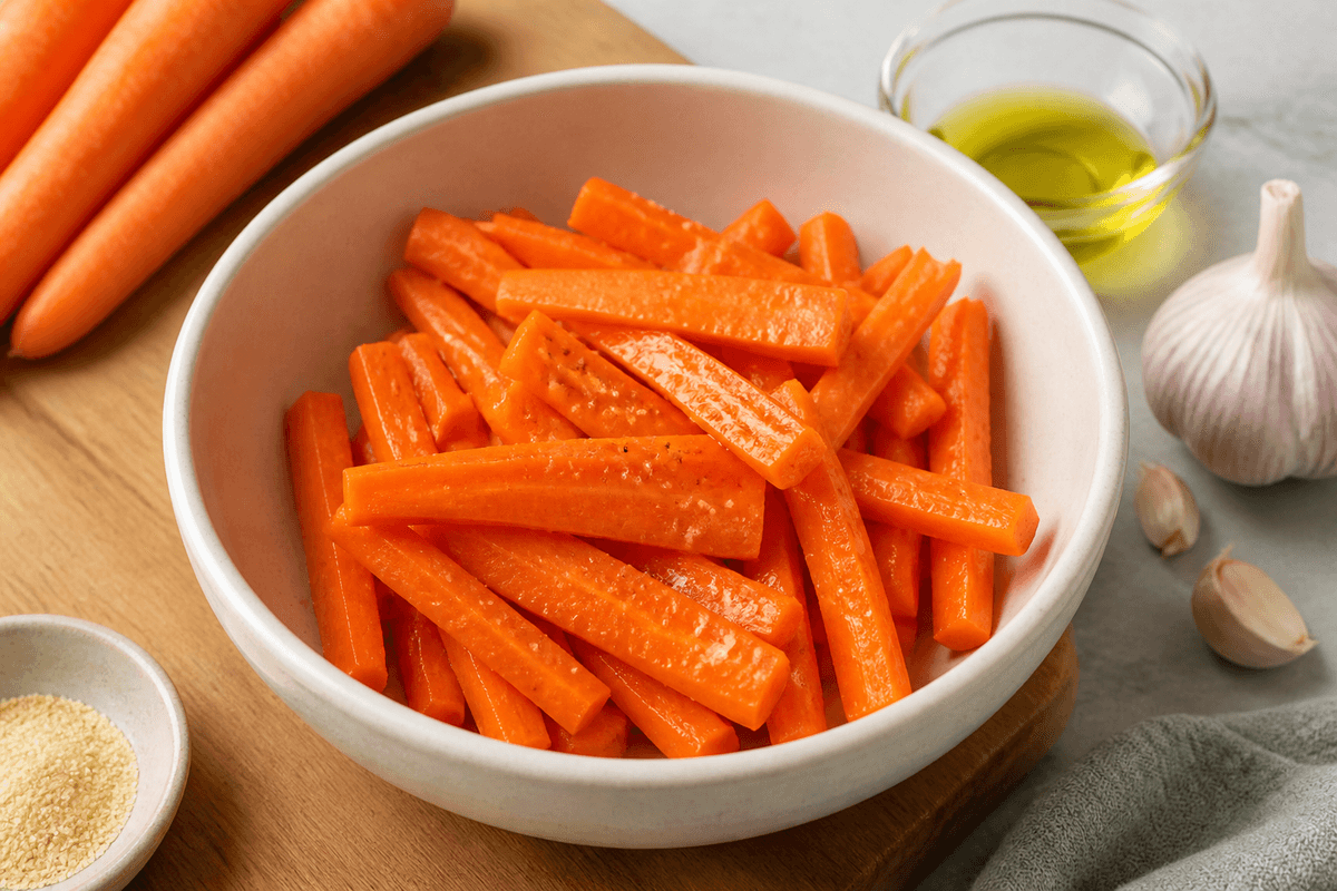 Carrot sticks tossed with olive oil and garlic powder