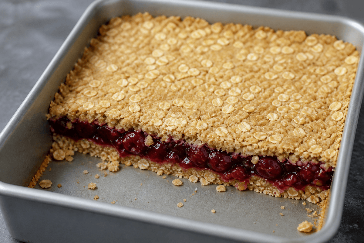 Cherry oat bar layers pressed in a baking tin