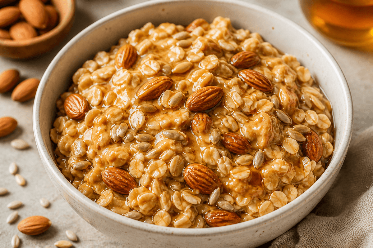 Oat mixture with almonds and seeds in a bowl