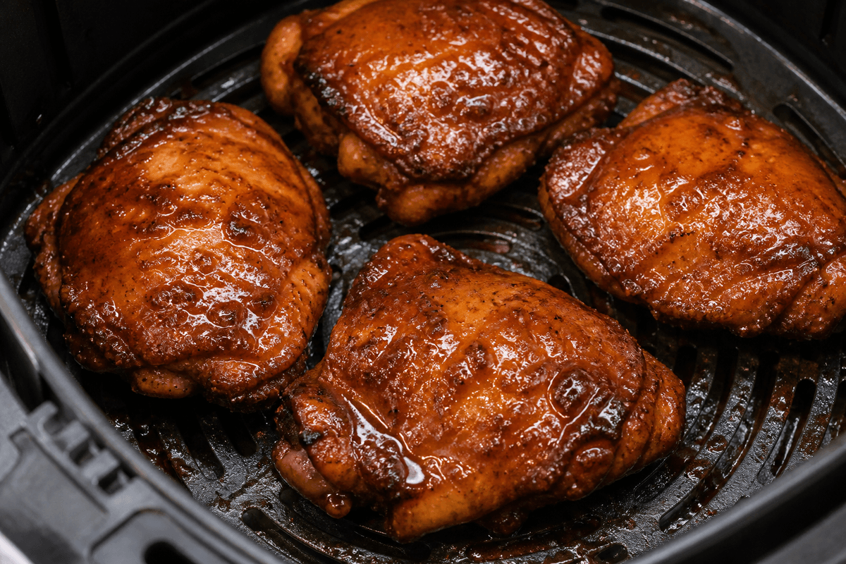 Adobo chicken thighs in the air fryer basket