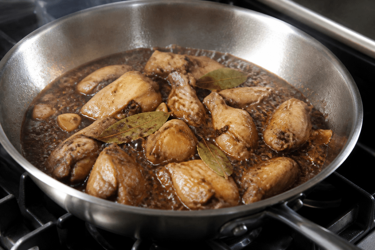 Chicken adobo simmering in soy-vinegar sauce
