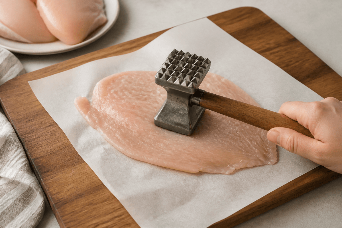 Chicken breast pounded to even thickness on a board