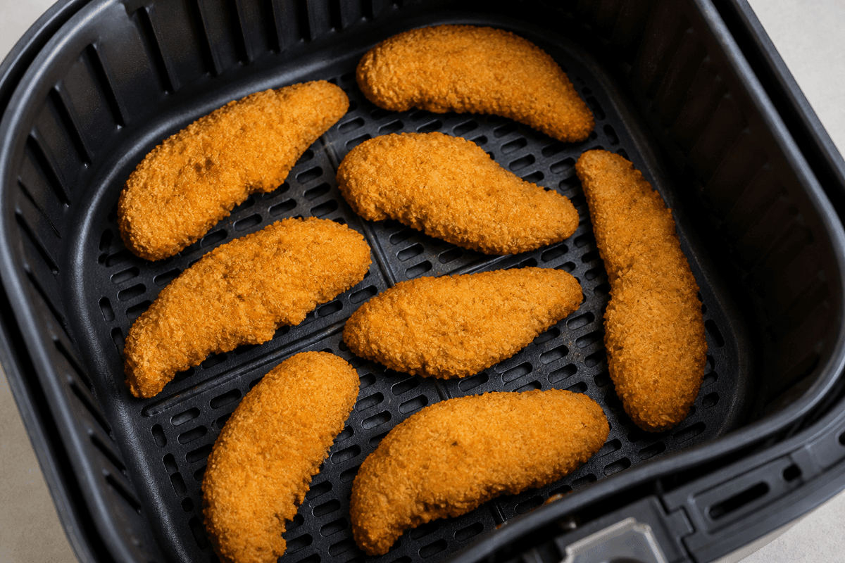 Breaded chicken strips in the air fryer basket