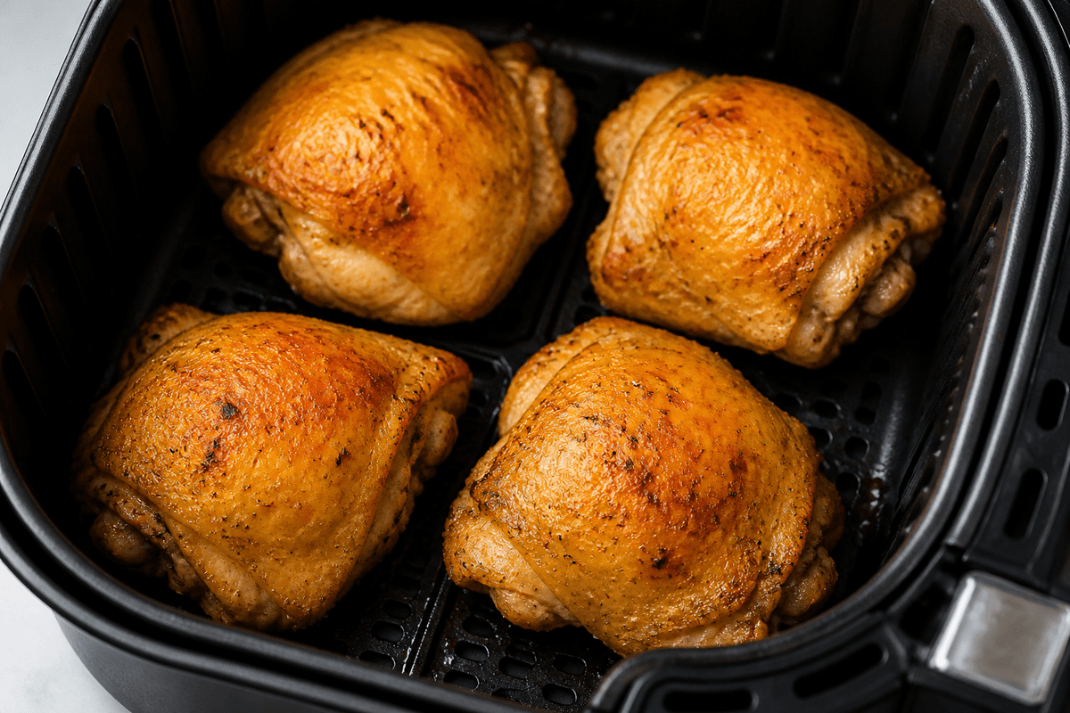 Chicken thighs skin-side up in the air fryer basket