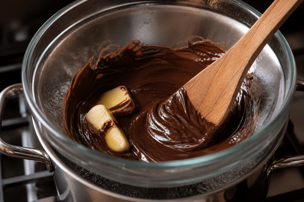 Melted dark chocolate and butter in a bowl
