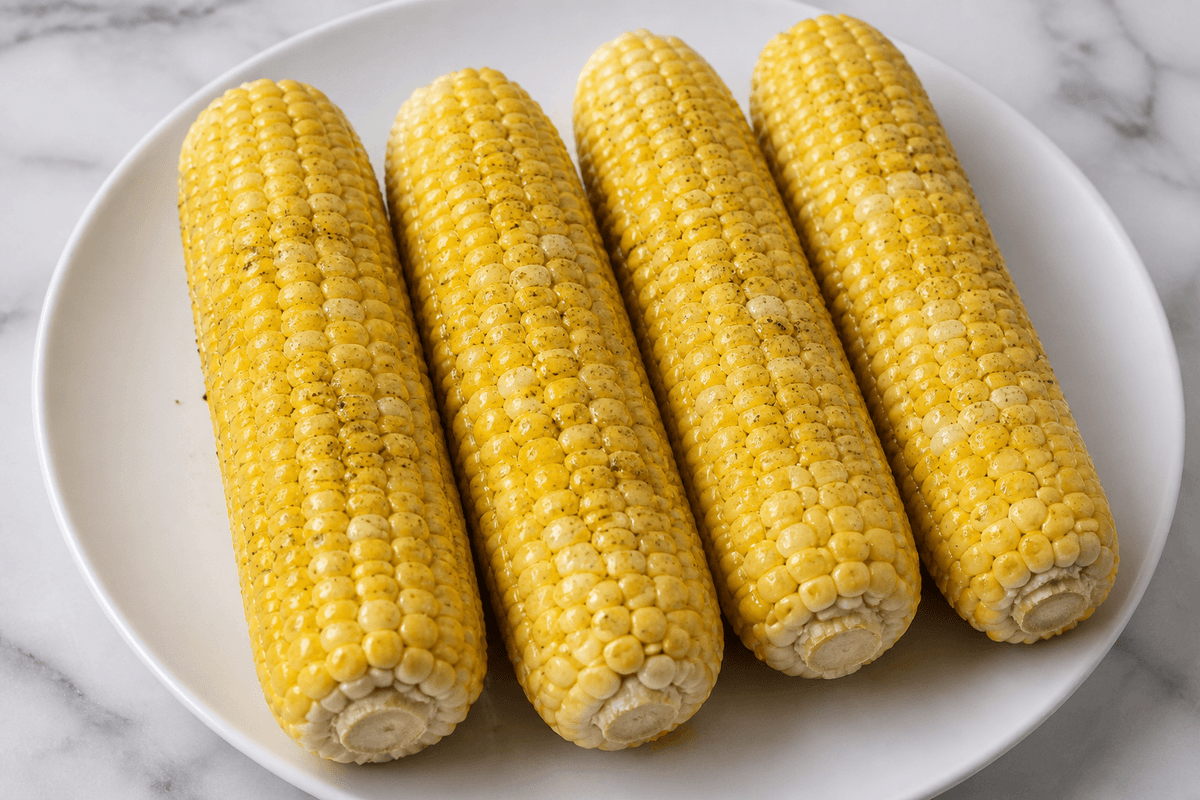 Oiled seasoned corn ears on a plate