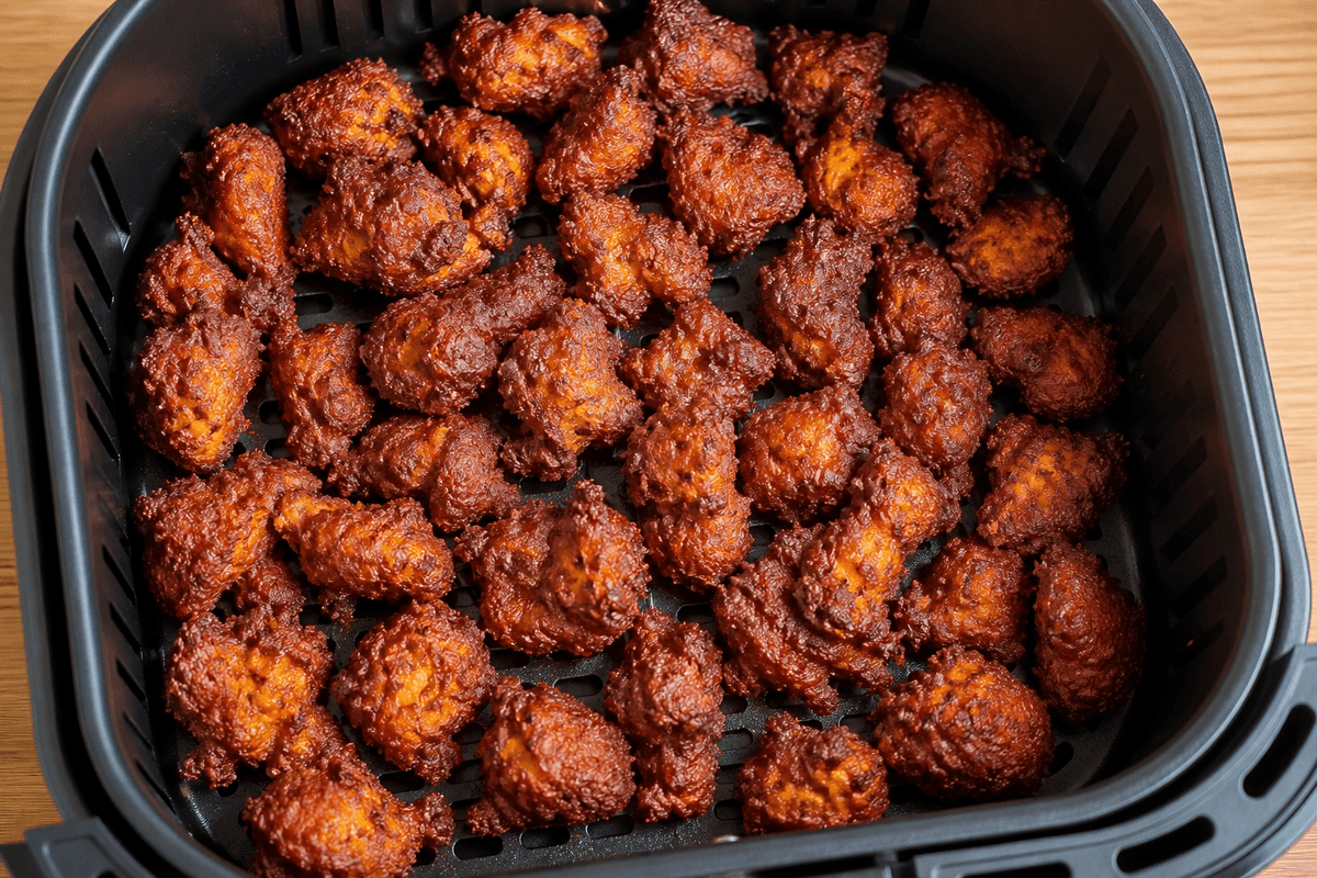 Small irregular chicken pieces with craggy reddish-brown crispy crust