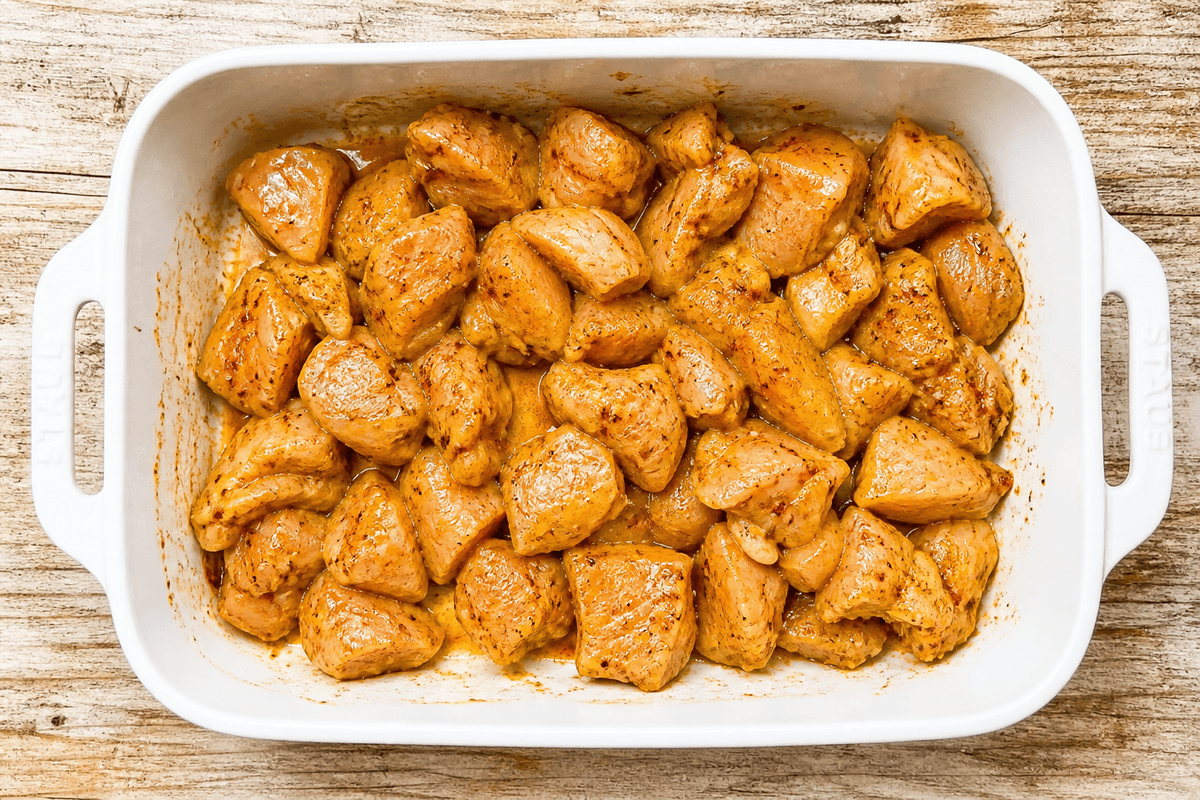Small irregular chicken pieces in turmeric marinade bowl