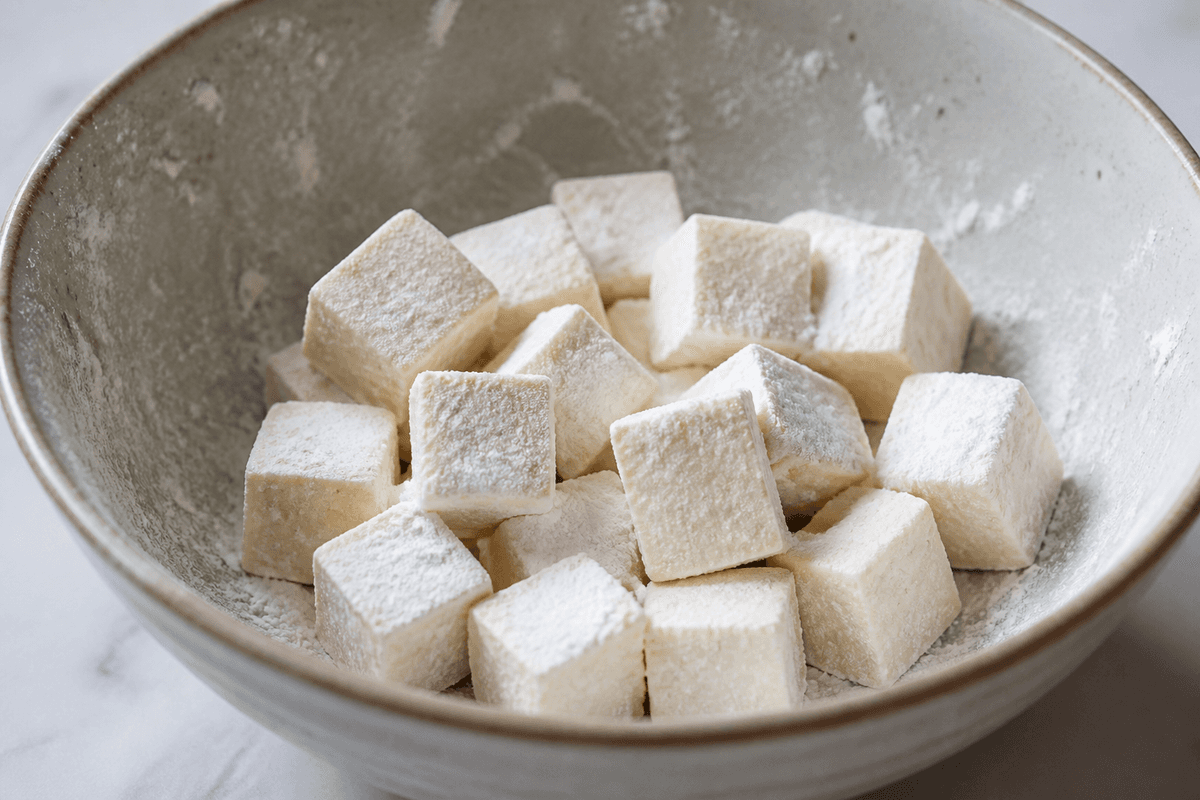Tofu cubes coated in cornstarch before air frying