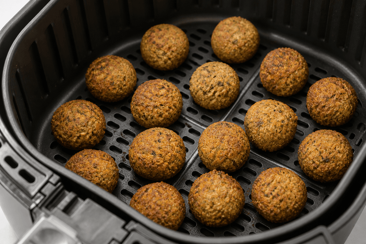 Falafel browning in the air fryer basket
