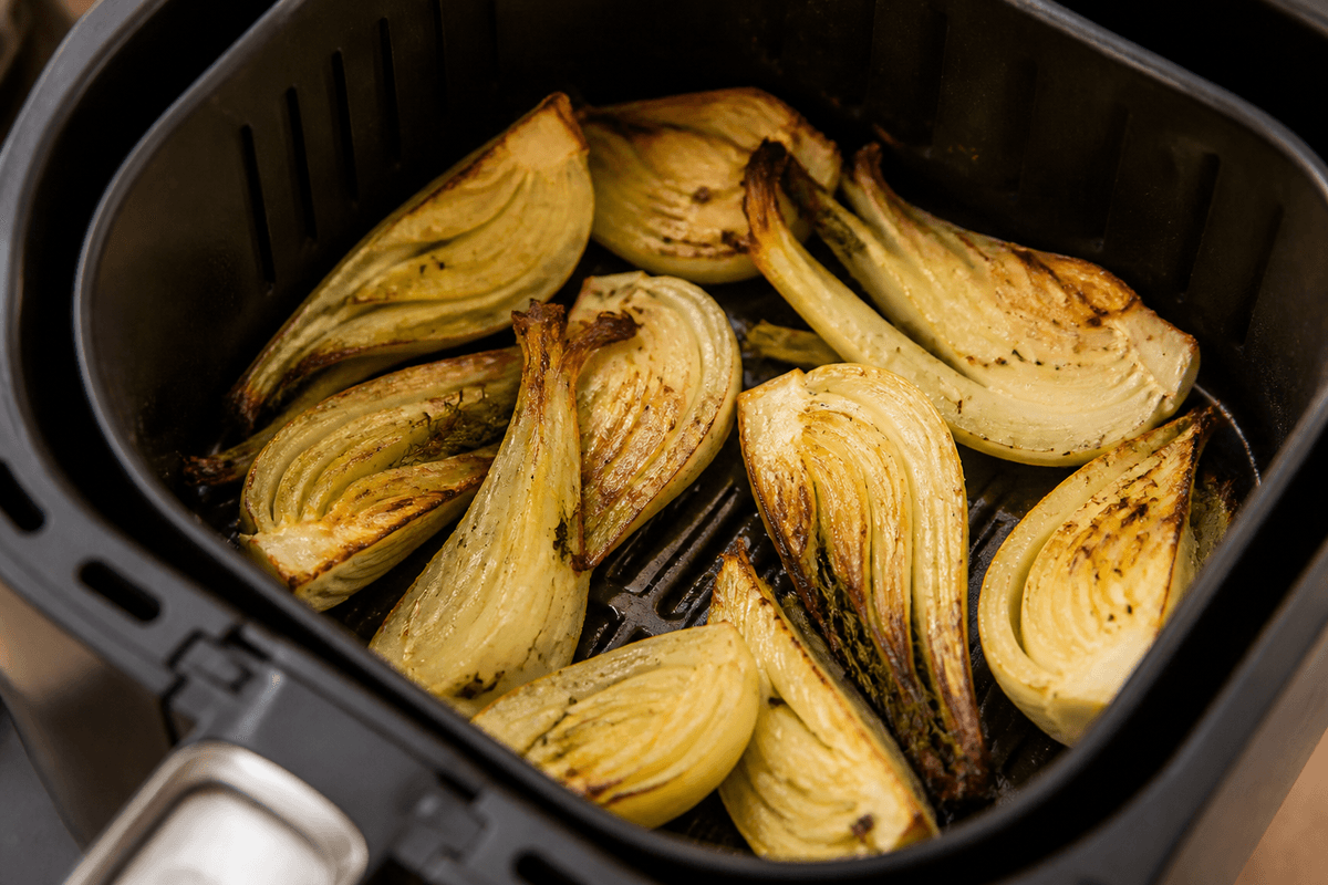 Roasted fennel wedges in the air fryer basket