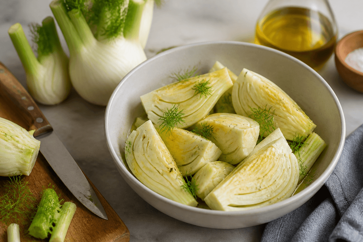 Fennel wedges tossed with olive oil and seasoning